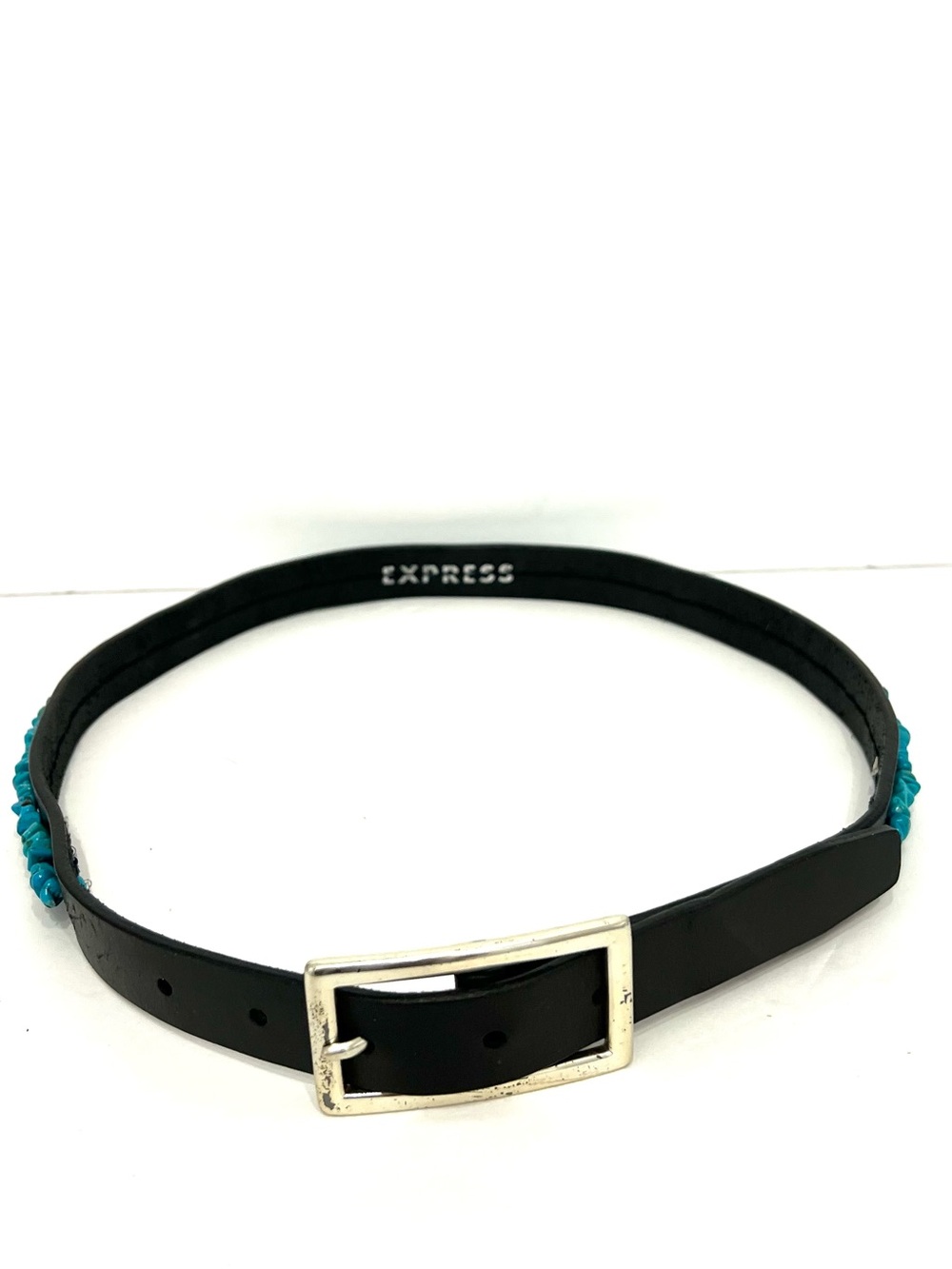 Express Women Black Leather Skinny 1” Belt Silver Buckle Faux Turquoise Beads